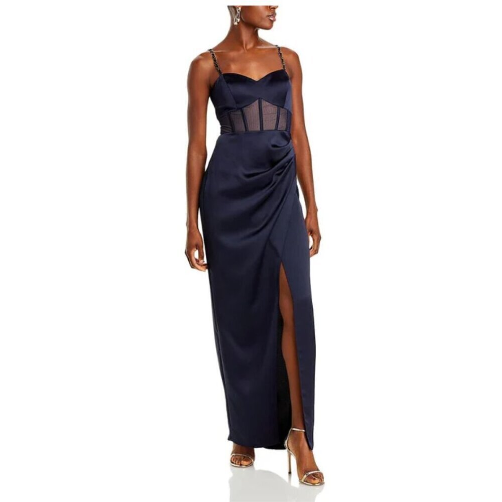 NWT AQUA Satin Corset Illusion Evening Gown Navy Blue 16